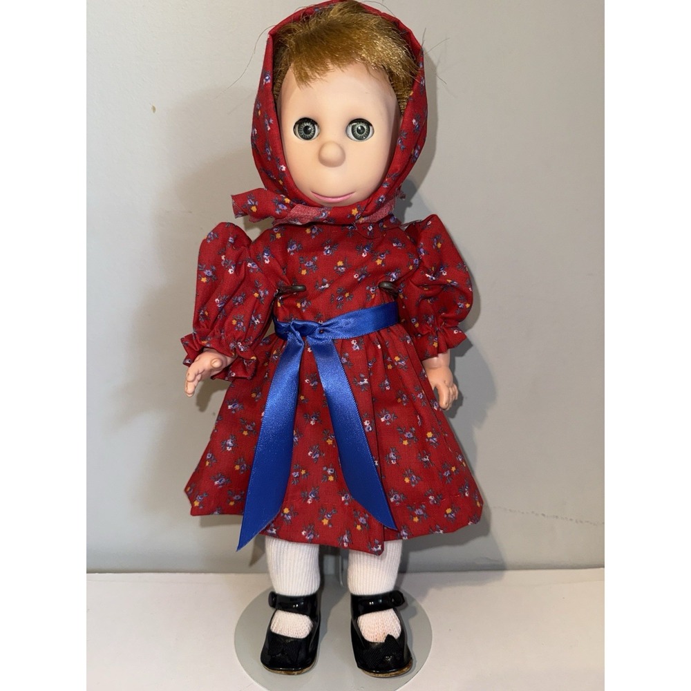 VTG Horsman Poor Pitiful Pearl Doll 11 Inch With Red Floral Dress & Bonnet